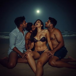 An alluring and intimate scene on the sandy beach in Goa at night, featuring a rich Indian girl aged 19, who is cute and confidently topless, showcasing her cleavage and navel