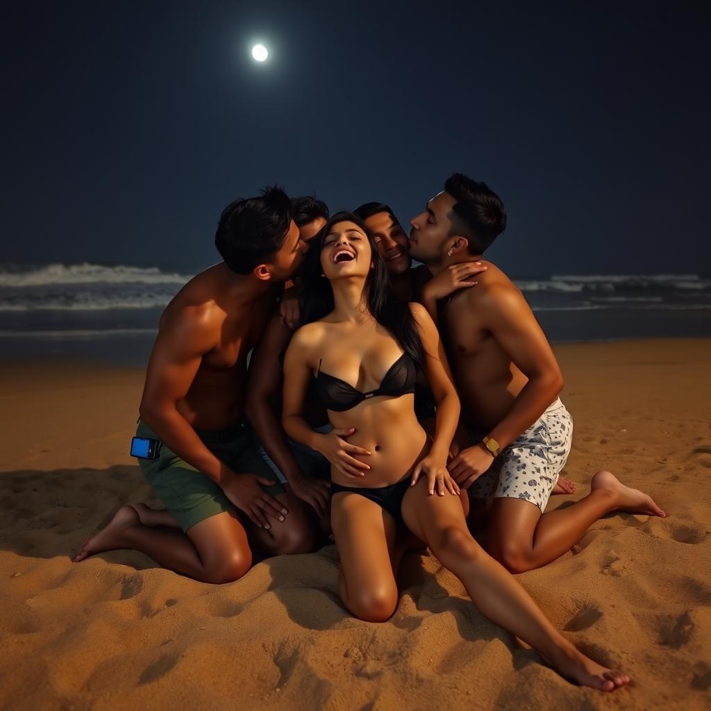 An alluring and intimate scene on the sandy beach in Goa at night, featuring a rich Indian girl aged 19, who is cute and confidently topless, showcasing her cleavage and navel