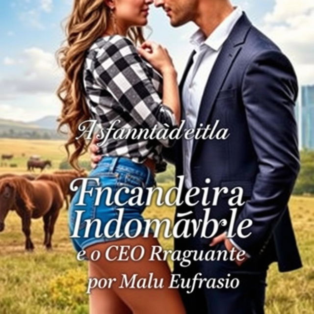 A romantic book cover featuring a stunning young woman with a curvy figure in a blue denim short and a plaid top, and a tall, muscular man in a tailored suit