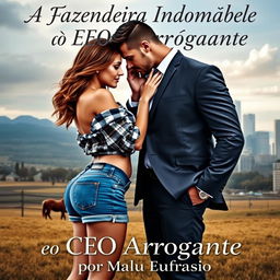 A romantic book cover featuring a stunning young woman with a curvy figure in a blue denim short and a plaid top, and a tall, muscular man in a tailored suit