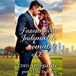 A romantic book cover featuring a stunning young woman with a curvy figure in a blue denim short and a plaid top, and a tall, muscular man in a tailored suit