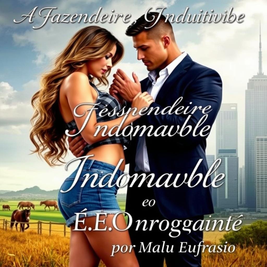 A romantic book cover featuring a stunning young woman with a curvy figure in a blue denim short and a plaid top, and a tall, muscular man in a tailored suit