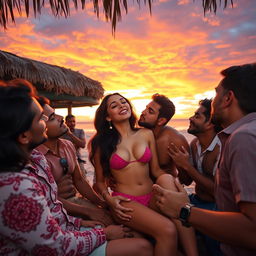 A vibrant and intimate scene at a beach shack in Goa during a stunning sunset, featuring a rich Indian girl aged 19, who is cute and confidently topless, accentuating her cleavage and navel