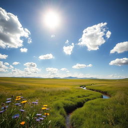 A serene and tranquil landscape depicting a vast meadow under a bright blue sky, dotted with fluffy white clouds
