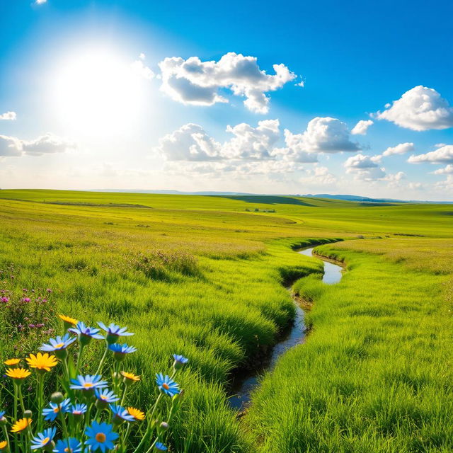 A serene and tranquil landscape depicting a vast meadow under a bright blue sky, dotted with fluffy white clouds