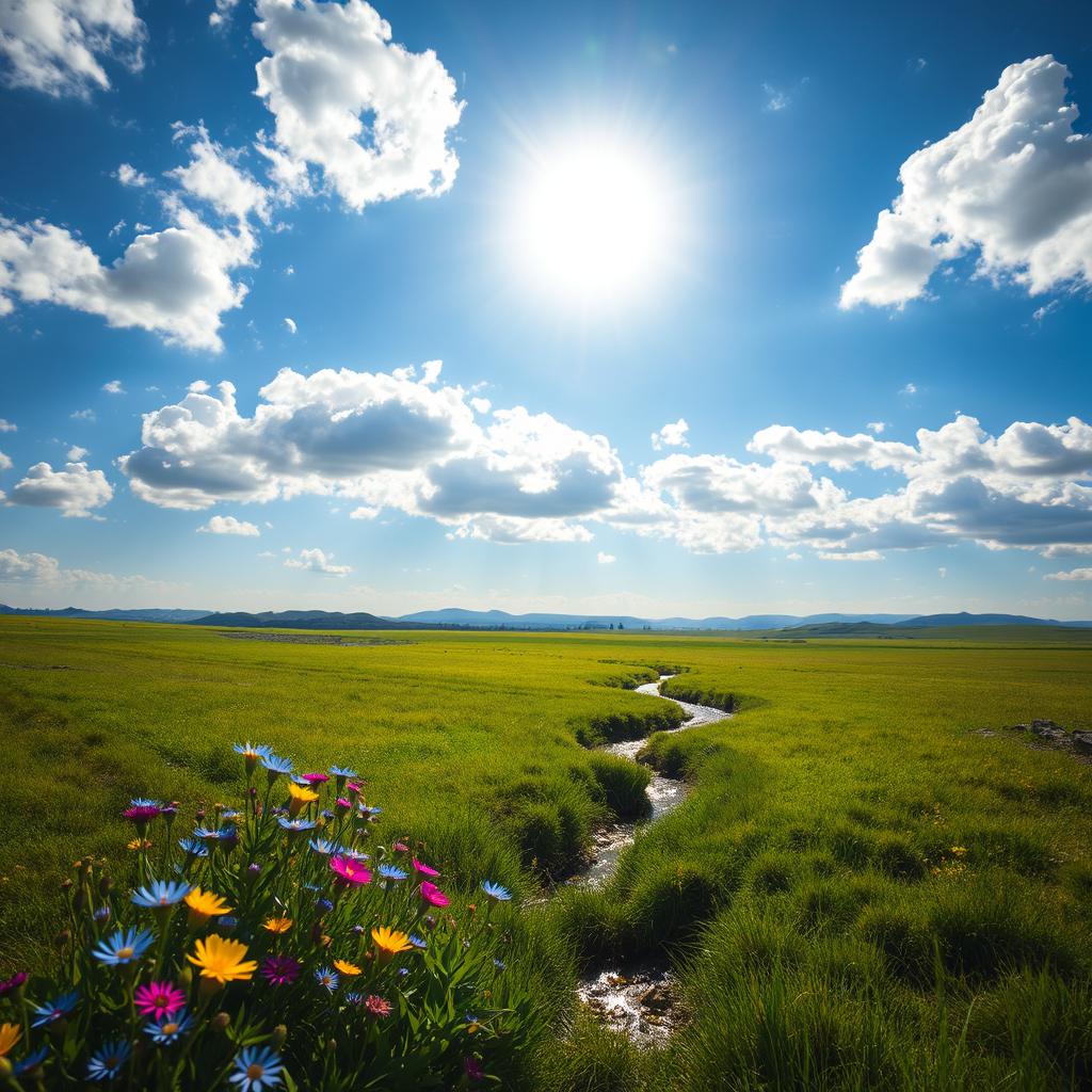 A serene and tranquil landscape depicting a vast meadow under a bright blue sky, dotted with fluffy white clouds