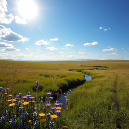 A serene and tranquil landscape depicting a vast meadow under a bright blue sky, dotted with fluffy white clouds