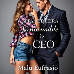 A captivating romance novel cover featuring a stunning young woman with a voluptuous figure, wearing denim shorts and a stylish plaid blouse