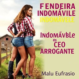 A romance book cover featuring a beautiful young woman with a large butt, wearing denim shorts and a checkered blouse, standing confidently next to a tall, muscular man dressed in a sharp suit