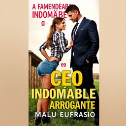 A romance book cover featuring a beautiful young woman with a large butt, wearing denim shorts and a checkered blouse, standing confidently next to a tall, muscular man dressed in a sharp suit