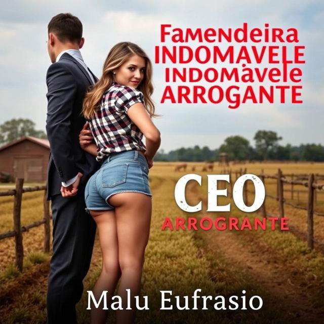 A romance book cover featuring a beautiful young woman with a large butt, wearing denim shorts and a checkered blouse, standing confidently next to a tall, muscular man dressed in a sharp suit