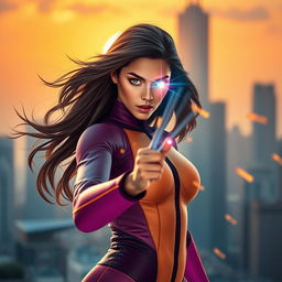A stunning young woman with long flowing hair and captivating features, using her heat vision power