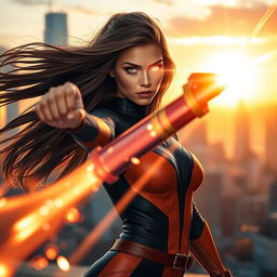A stunning young woman with long flowing hair and captivating features, using her heat vision power