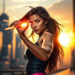 A stunning young woman with long flowing hair and captivating features, using her heat vision power