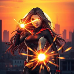 A stunning young woman with long, flowing hair and captivating features, using her heat vision power