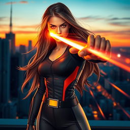A stunning young woman with long, flowing hair and captivating features, using her heat vision power