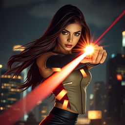A breathtaking young woman with long, flowing hair and striking features, demonstrating her laser vision power