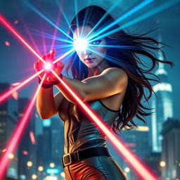 A breathtaking young woman with long, flowing hair and striking features, demonstrating her laser vision power