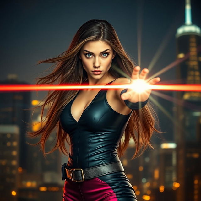 A breathtaking young woman with long, flowing hair and striking features, demonstrating her laser vision power