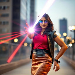 A confident Indian woman in her mid-30s, dressed stylishly in a trendy leather skirt and a fashionable top, showcasing her unique laser vision power