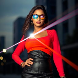 A confident Indian woman in her mid-30s, dressed stylishly in a trendy leather skirt and a fashionable top, showcasing her unique laser vision power