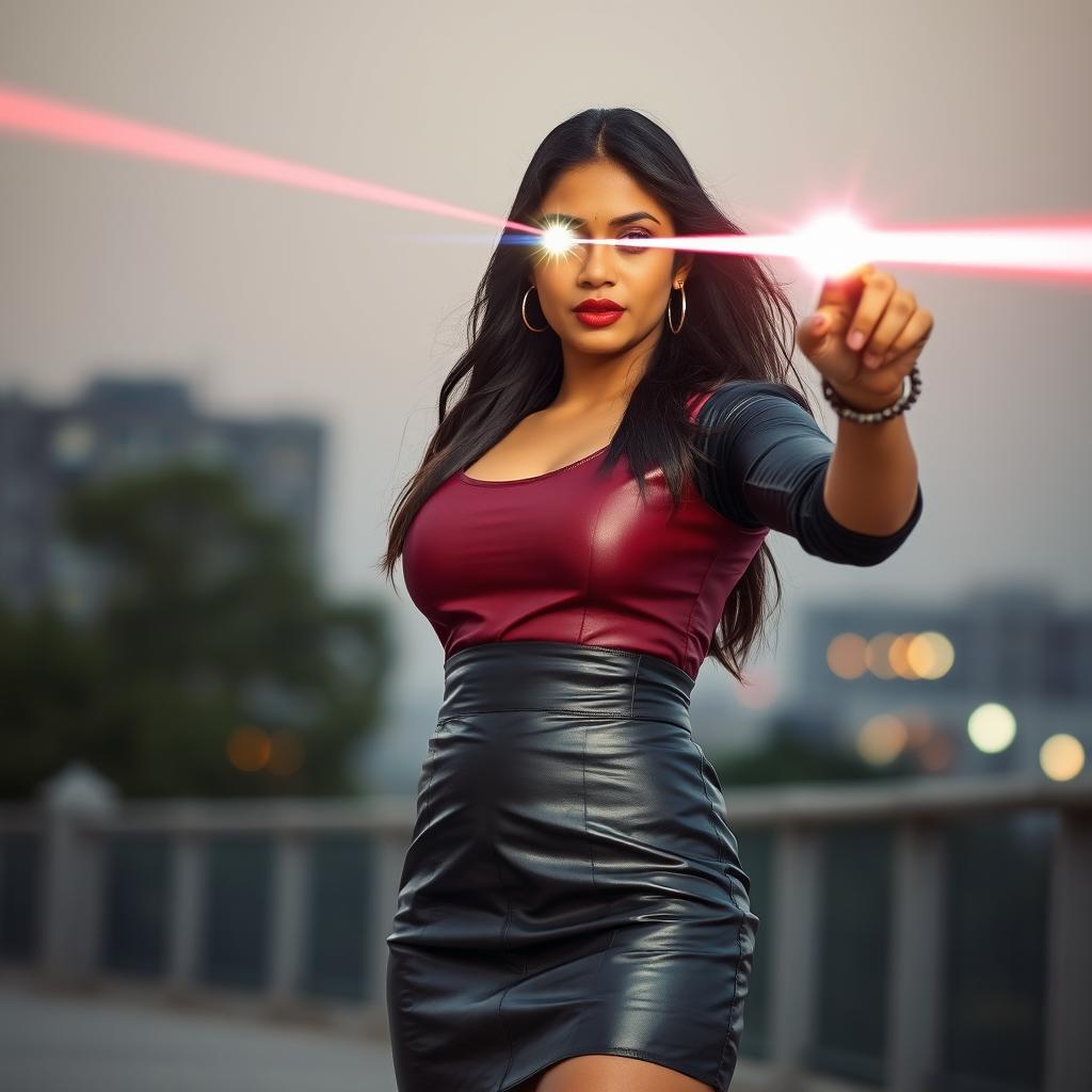 A confident Indian woman in her mid-30s, dressed stylishly in a trendy leather skirt and a fashionable top, showcasing her unique laser vision power