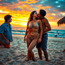 A breathtaking sunset scene at a beach shack in Goa, featuring a rich Indian girl, 19 years old, exuding cuteness and confidence as she is depicted topless, showcasing her cleavage and navel