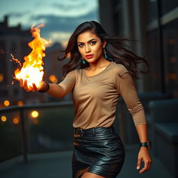 An Indian woman in her mid-40s, dressed stylishly in a fashionable leather skirt and a chic top, confidently holding a glowing fireball in her hand