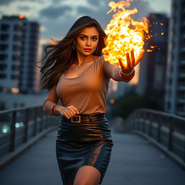 An Indian woman in her mid-40s, dressed stylishly in a fashionable leather skirt and a chic top, confidently holding a glowing fireball in her hand