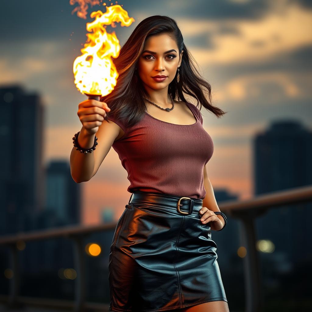 An Indian woman in her mid-40s, dressed stylishly in a fashionable leather skirt and a chic top, confidently holding a glowing fireball in her hand