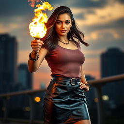 An Indian woman in her mid-40s, dressed stylishly in a fashionable leather skirt and a chic top, confidently holding a glowing fireball in her hand