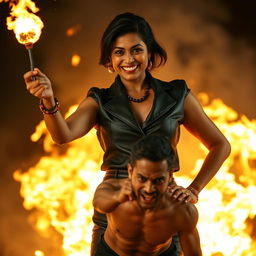 An Indian woman in her mid-40s, confidently wearing a stylish leather skirt and a sharp, fashionable top