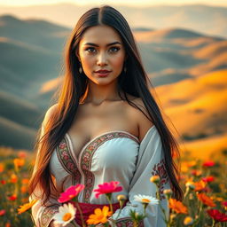 A stunning Central Asian woman with beautiful features and large breasts, wearing traditional attire that highlights her figure