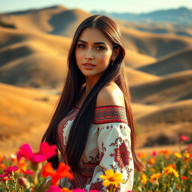 A stunning Central Asian woman with beautiful features and large breasts, wearing traditional attire that highlights her figure