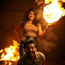 An Indian woman in her mid-40s, confidently wearing a stylish leather skirt and a chic top, is shown holding a magnificent fireball in her hand