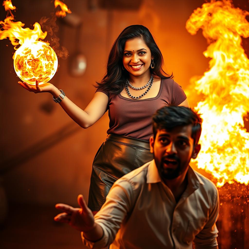 An Indian woman in her mid-40s, confidently wearing a stylish leather skirt and a chic top, is shown holding a magnificent fireball in her hand