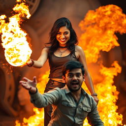 An Indian woman in her mid-40s, confidently wearing a stylish leather skirt and a chic top, is shown holding a magnificent fireball in her hand