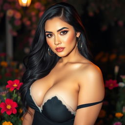 A beautiful and alluring Central Asian woman with significant curves, showcasing her large breasts in a seductive outfit that enhances her figure