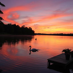 A serene sunset over a tranquil lake, reflecting the vibrant orange and purple hues of the sky