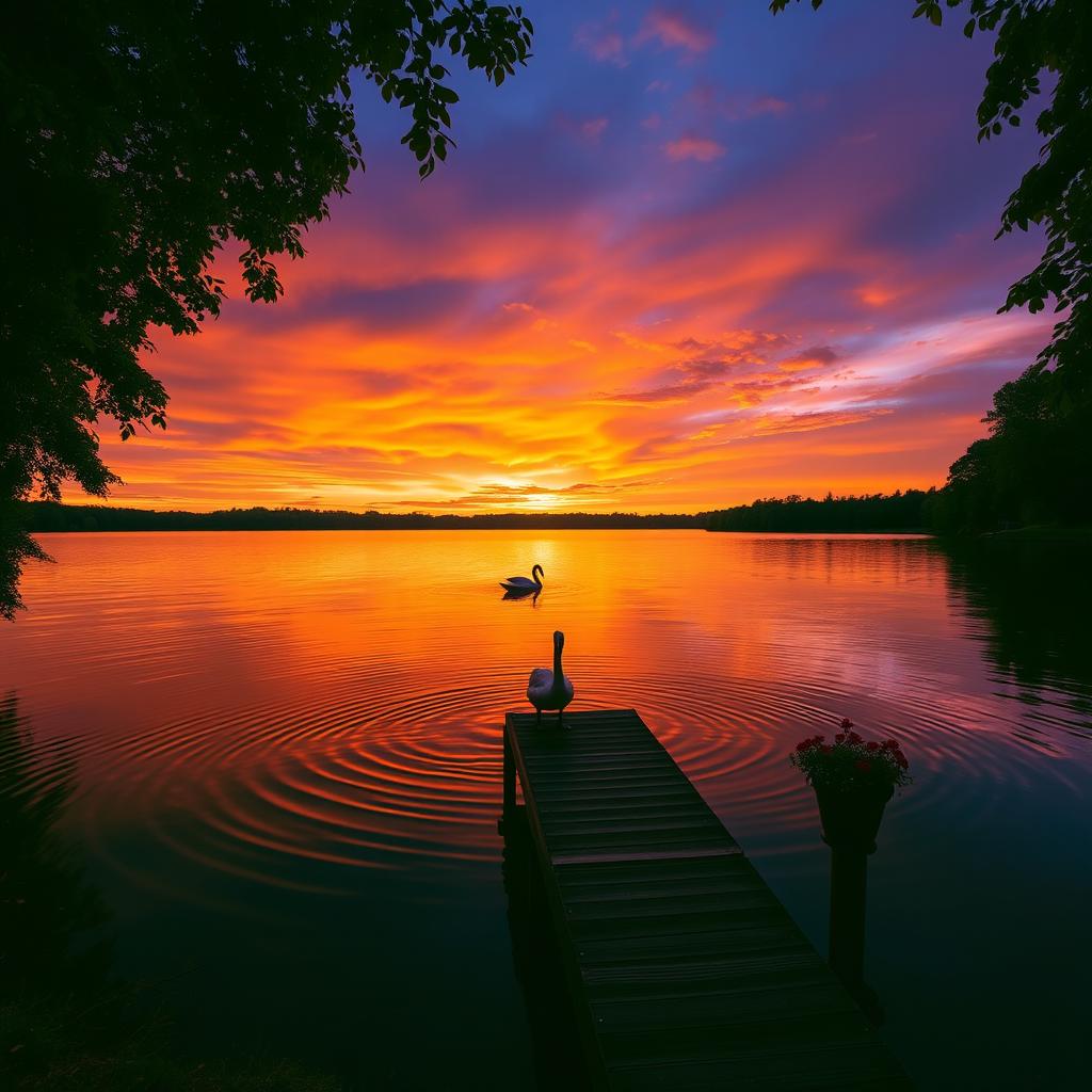 A serene sunset over a tranquil lake, reflecting the vibrant orange and purple hues of the sky