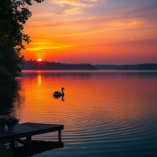 A serene sunset over a tranquil lake, reflecting the vibrant orange and purple hues of the sky