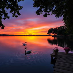 A serene sunset over a tranquil lake, reflecting the vibrant orange and purple hues of the sky