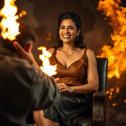 An Indian woman in her mid-40s, confidently dressed in a stylish leather skirt, is elegantly seated on a chair