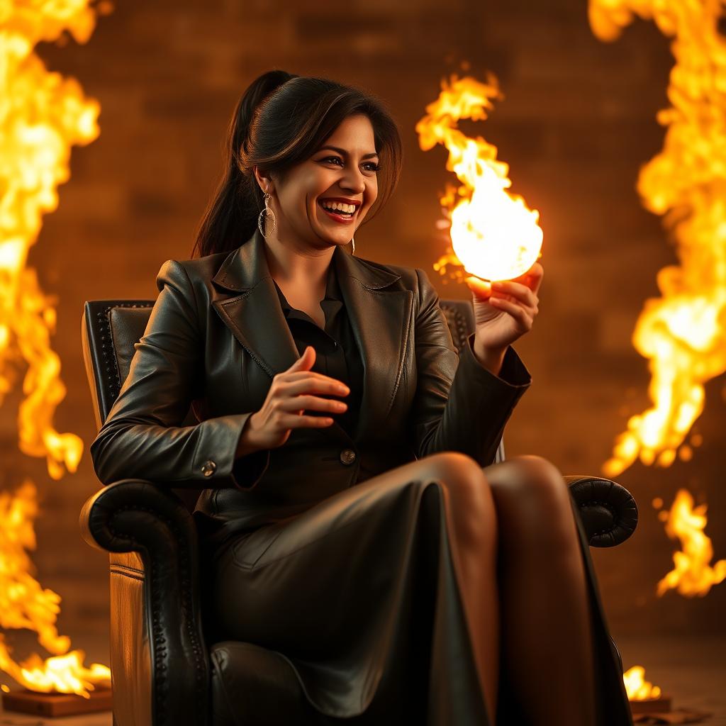 An Indian woman in her mid-40s, confidently dressed in a stylish leather skirt, is elegantly seated on a chair