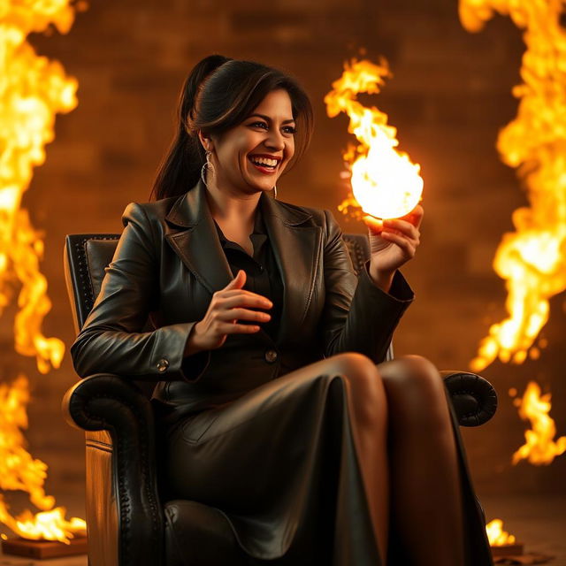 An Indian woman in her mid-40s, confidently dressed in a stylish leather skirt, is elegantly seated on a chair