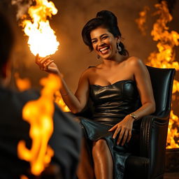 An Indian woman in her mid-40s, confidently dressed in a stylish leather skirt, is elegantly seated on a chair