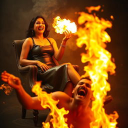 An Indian woman in her mid-40s, confidently dressed in a fashionable leather skirt, is elegantly seated on a chair