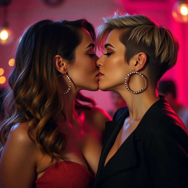 A romantic scene featuring two attractive lesbian women with a passionate kiss