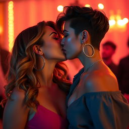 A romantic scene featuring two attractive lesbian women with a passionate kiss