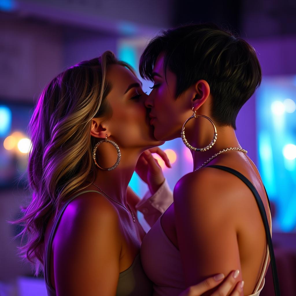 A romantic scene featuring two attractive lesbian women with a passionate kiss